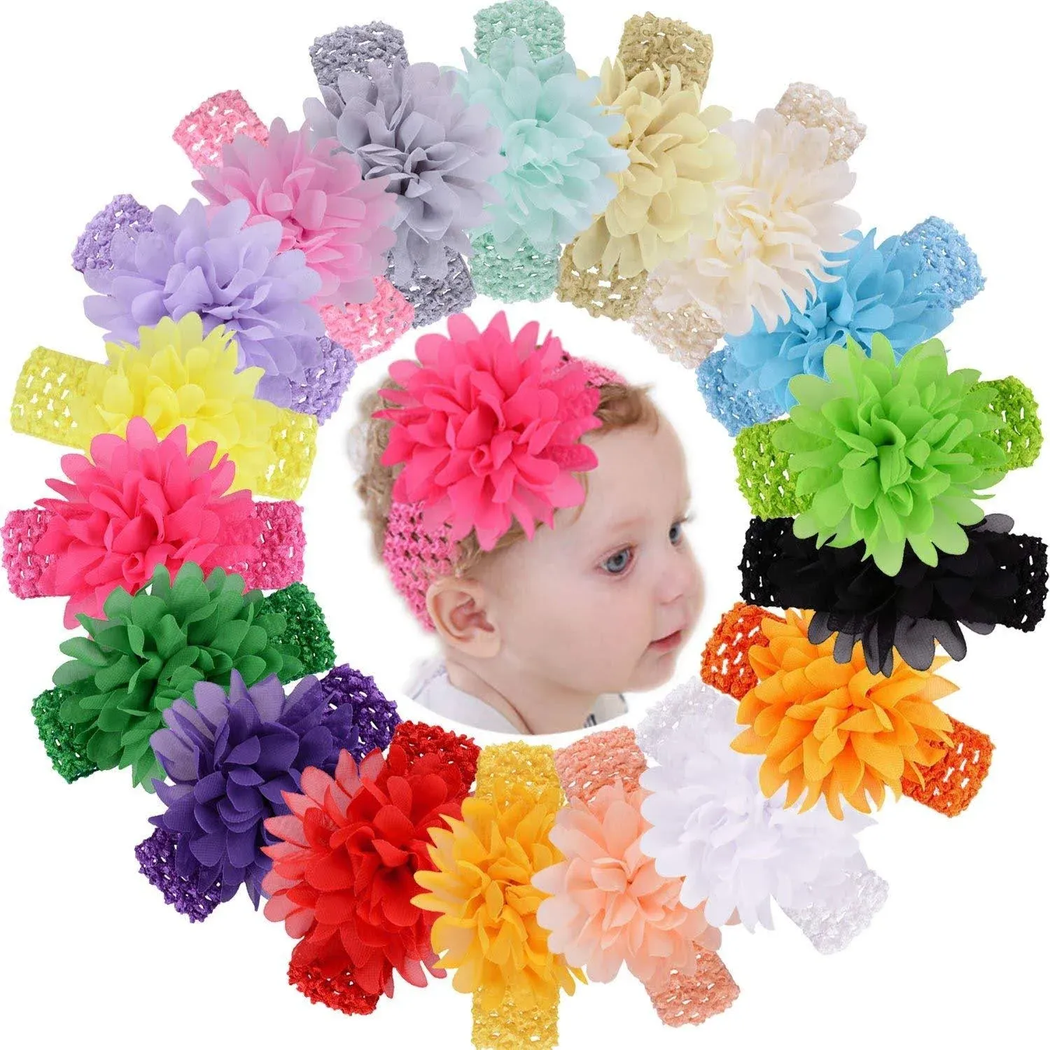 WillingTee 20pcs Baby Girls Headbands Chiffon Flower Soft Stretchy Hair Band Hair Accessories for Baby Girls Newborns Infants Toddlers and Kids