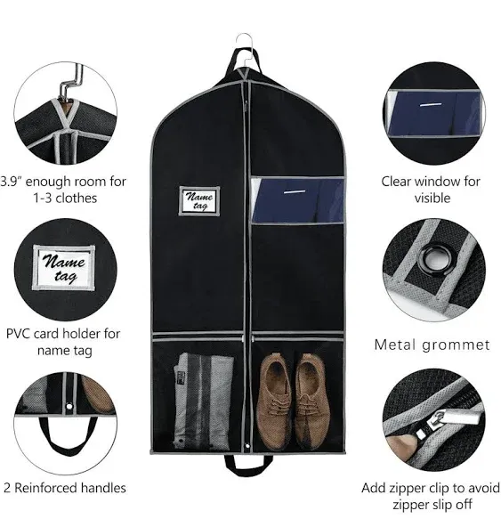 Breathable Garment Bags Suit Bags for Travel 43" Dress Suit Cover with 2 Large Mesh Pockets and a PVC Card Holder, Black