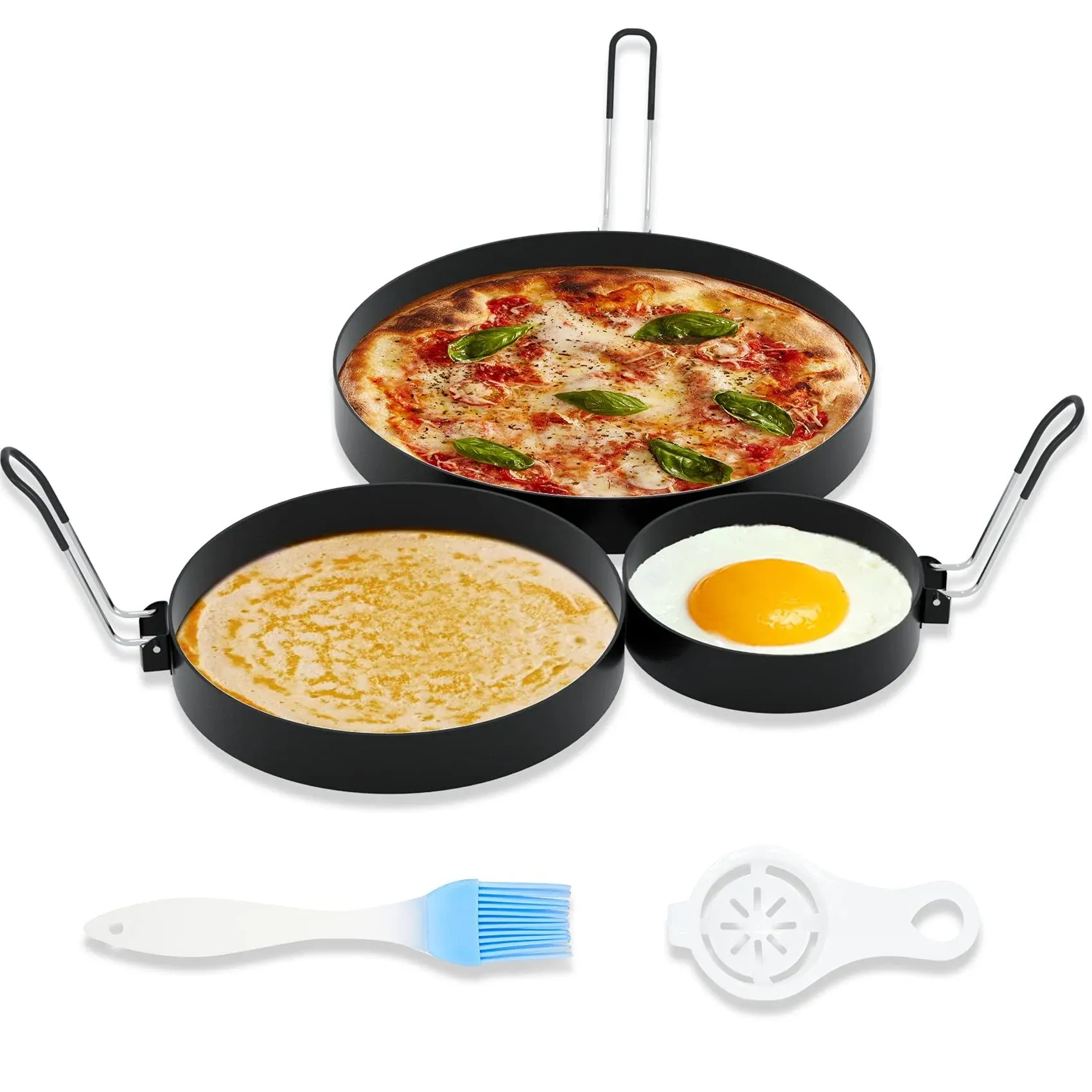 8" Omelet Ring, 6" Pancake Ring, 3.5" Egg Ring for Griddle Frying Eggs (Upgrade Large 3 Pack Stainless Steel Non Stick Round Cooking Rings Molds with Oil Brush and Egg Separator)