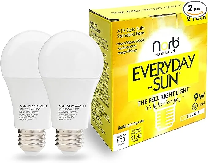 Norb Everyday Sun Light Bulb - Full Spectrum Wellness Lighting with Sun-Mimicking Technology for Energy, Mood & Performance. Supports Sleep/Wake Cycles, 5000K, 9W, 2-Pack, US Based, Budget-Priced