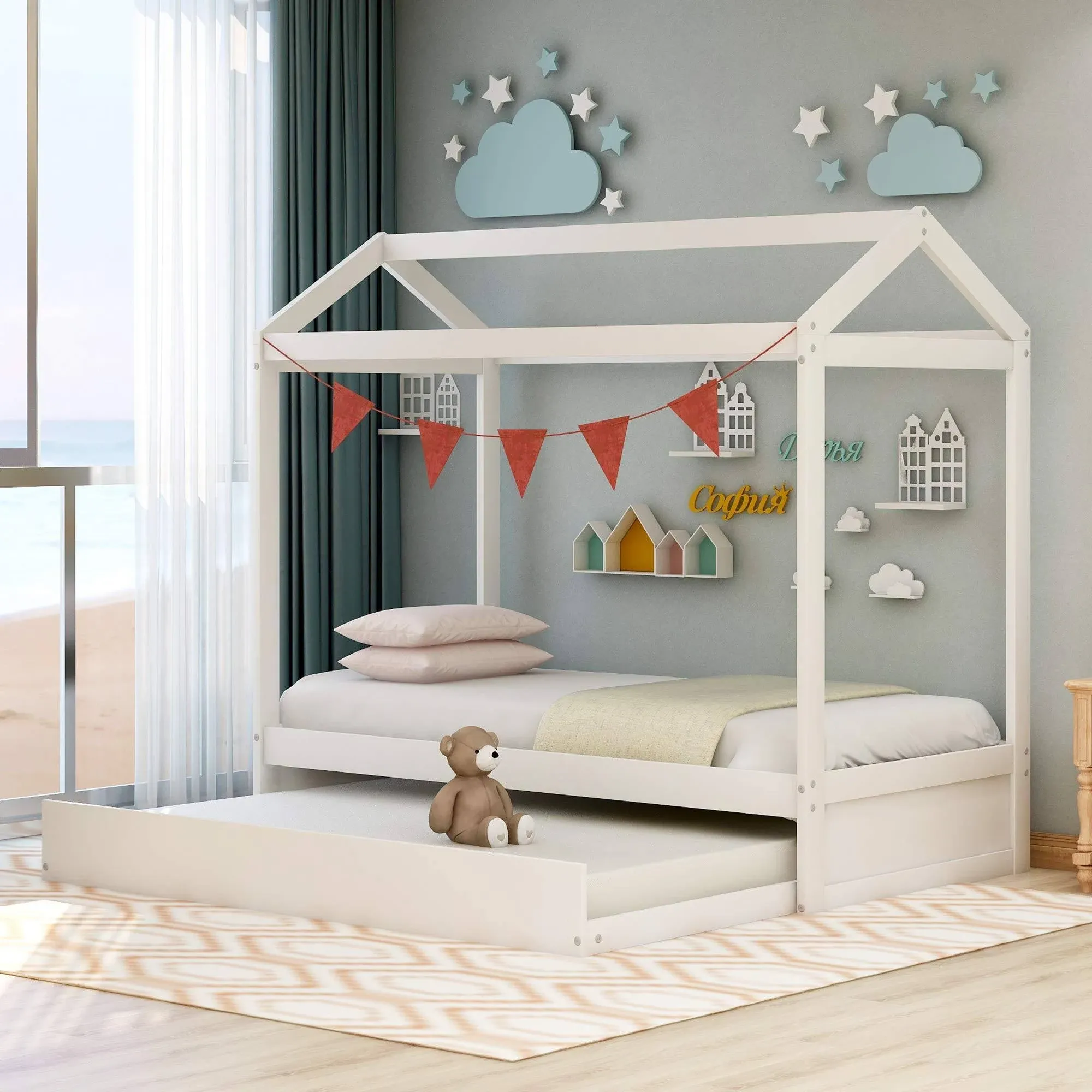 Bellemave House Bed with Trundle for Kids and Toddlers, Wood Twin Size House Bed ...