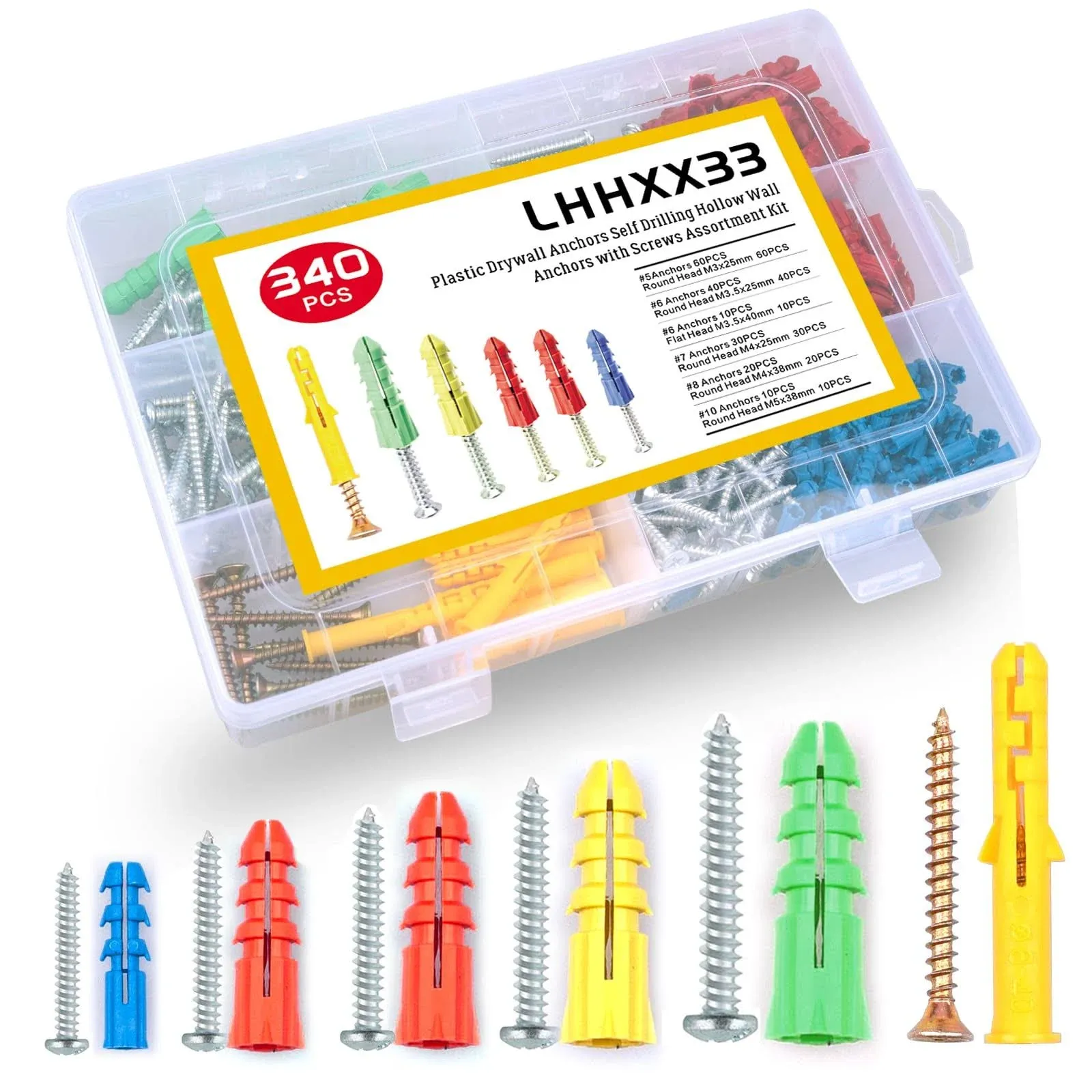 Lhhxx33 340-Piece Drywall Anchors and Screws Combo Pack - Includes 170 Plastic ...