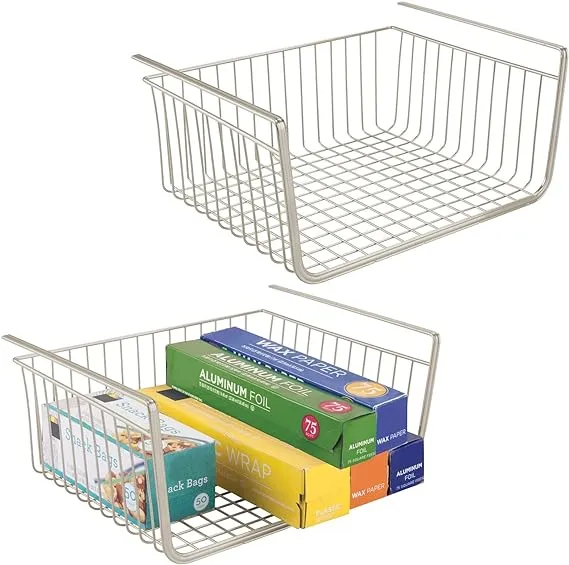 mDesign Household Metal Under Shelf Hanging Storage Bin Basket with Open Front for Organizing Kitchen Cabinets, Cupboards, Pantries, Shelves - Large, 2 Pack - Satin