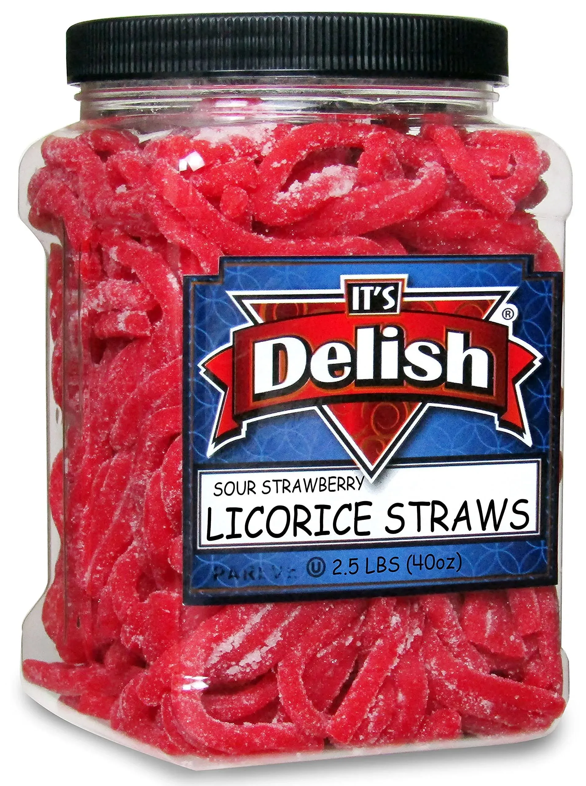 Sour Strawberry Licorice Straws by Its Delish, 2.5 LBS (40 Oz) Jumbo Container Jar – Original Style Chewy Sour Strawberry Candy Twists –...