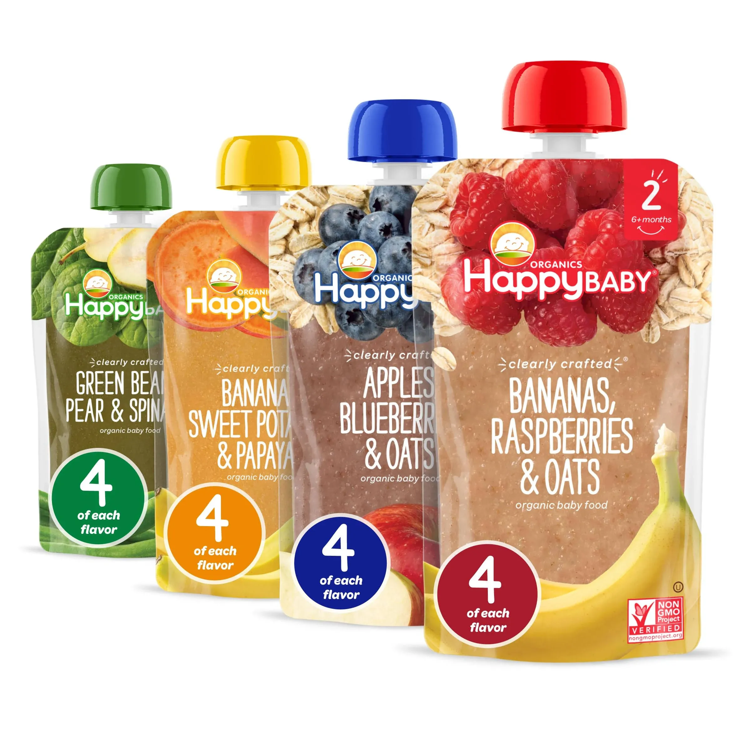 Happy Baby Organics Stage 2 Baby Food Pouches, Gluten Free, Vegan & Healthy Snack, Clearly Crafted Fruit & Veggie Puree, Fruit & Veggie Variety Pack