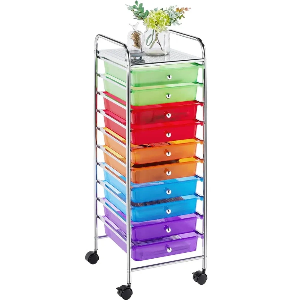 10 Drawer Plastic Storage Rolling Cart Utility Paper Office Organizer with wheel