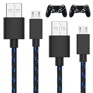 TALK WORKS Long Controller Charging Cable for Playstation 4-10-Foot Long Braided Micro USB Cord Charger Cord for PS4 Controller - Blue-Black, 2 Pack