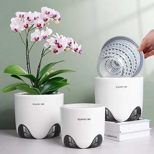 5 inch Orchid Pots with Holes for Repotting,Set of 1,Double Layer Plastic Imitate Ceramic Orchid Planter Provide Good Air Circulation,Clear Orchid Pot Match Decorative Orchid Container