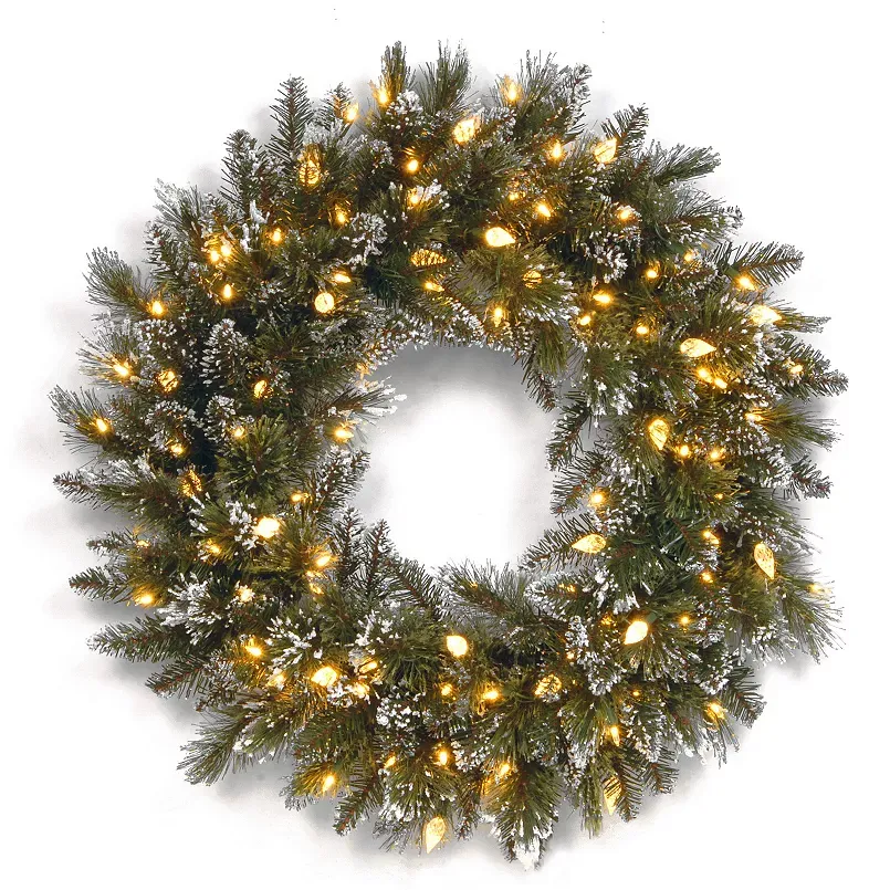 24-in. Pre-Lit LED Artificial Glitter Bristle Pine Wreath, Green