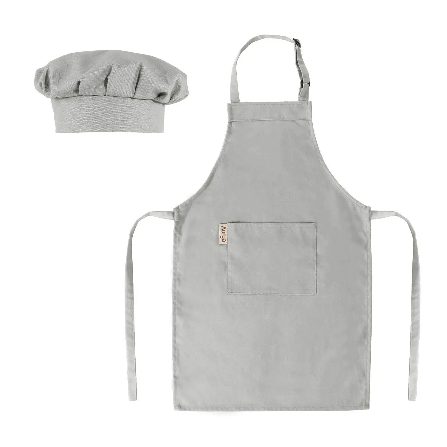 Kids Apron and Chef Hat Set-Adjustable Child Apron for Boys and Girls for Cooking Baking Light Gray