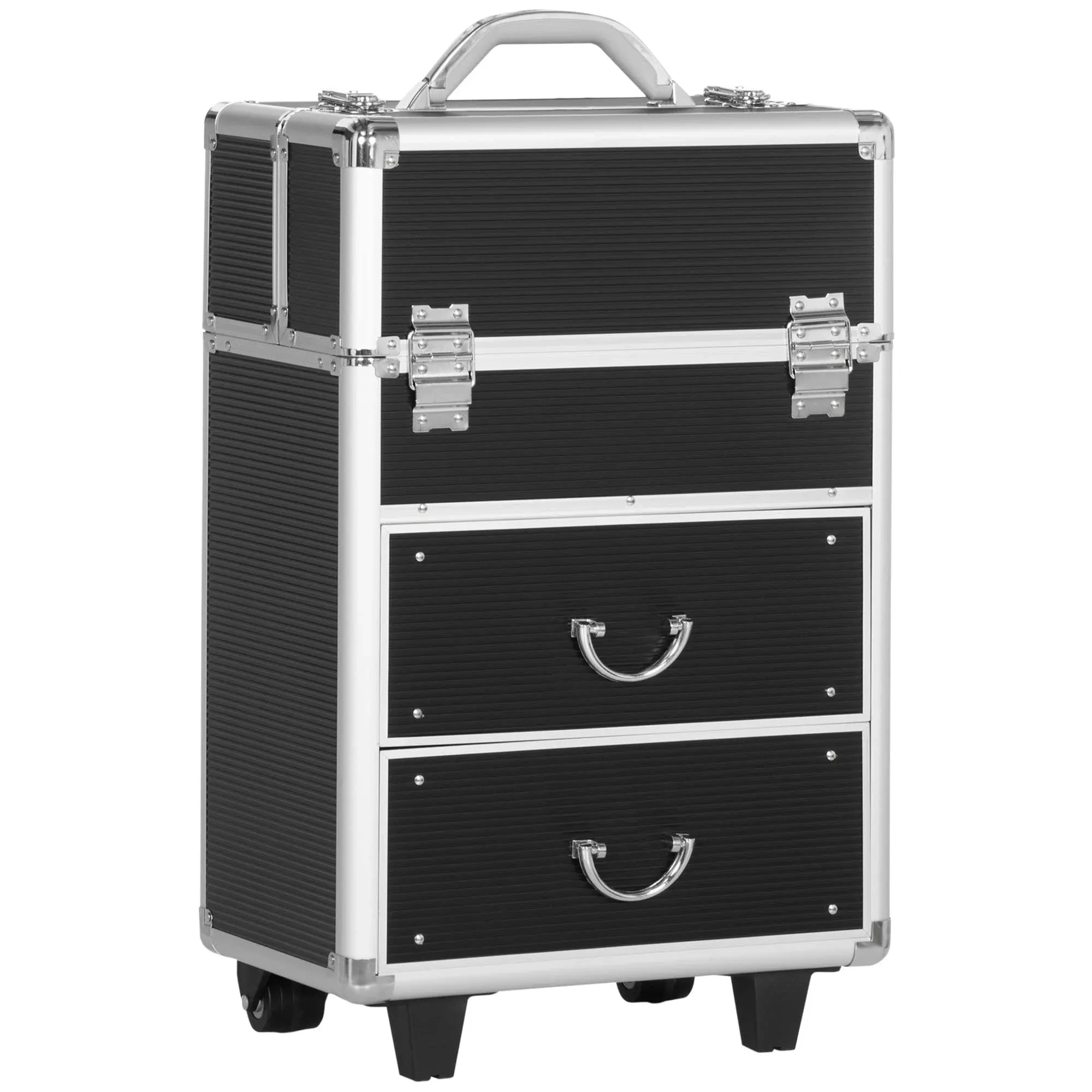 Soozier Professional Rolling Full Makeup Travel Train Case, Large Storage Cosmetic Trolley with Folding Trays, Drawer and Locks, Black