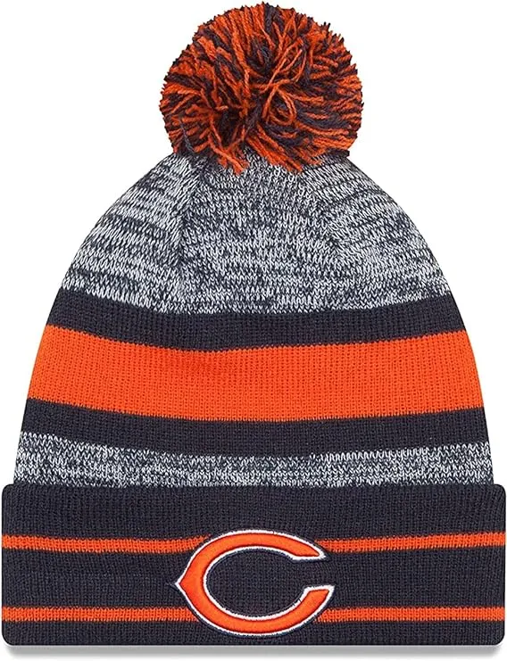 NFL CHICAGO BEARS NEW ERA STRIPE CUFF POM BEANIE MENS UNISEX HAT BLUE ORANGE