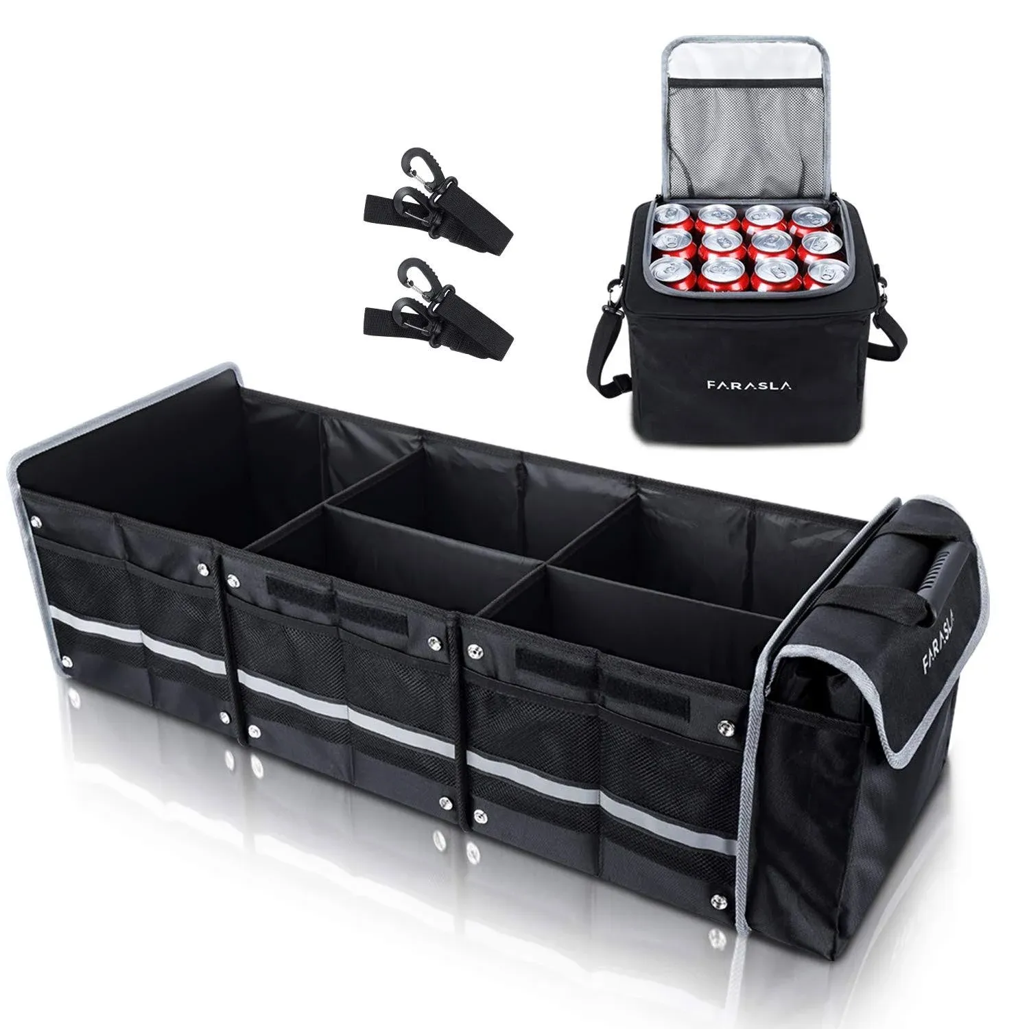 Farasla Waterproof Trunk Organizer with Insulated Leakproof Cooler Bag, Foldable Cover, Adjustable Securing Straps (4-in-1 w/Cooler, Black)