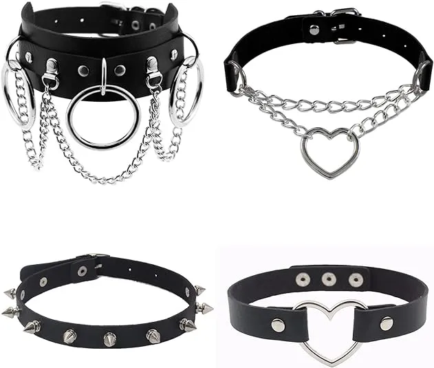 4Pcs Halloween Cool Steampunk Love Heart Shaped Gothic Goth Punk Rock Rivet Spike Studded PU Leather Choker Collar Necklace Sets for Women Lady Adjustable Cosplay Jewelry Night Club Party Costume Accessory Chocker Gift Black
