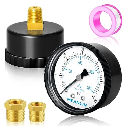 MEANLIN MEASURE 1/4" NPT 0-60Psi 2" FACE DIAL Swimming Pool Water Pressure Gauge, Center Back Mount, with 1/4" x 1/2" NPT and 1/4" x 3/8" NPT Hex Bushing