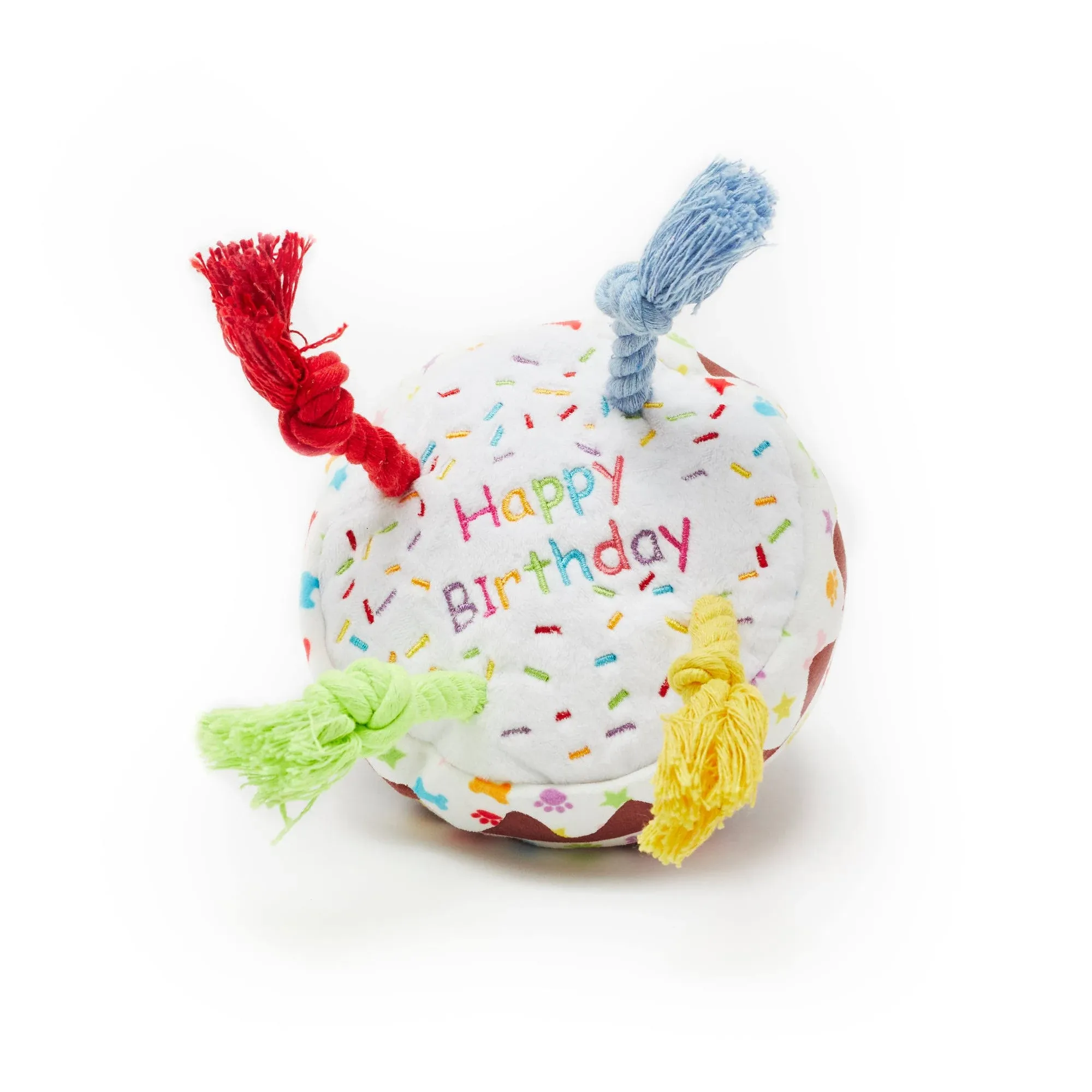 PET LONDON Dog Birthday Cake Squeaky Soft Plush Toy with Rope Candles in Fun Happy Bright Colours - Celebrate Your Dog's Happy Birthday - Plush Rainbow Pattern Dog Party Bday or Adoption Gift (Small)