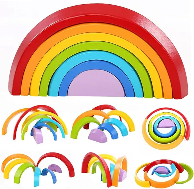 Lewo Wooden Rainbow Stacking Game Learning Toy Geometry Building Blocks Educational Toys for Kids Baby Toddlers (Rainbow)