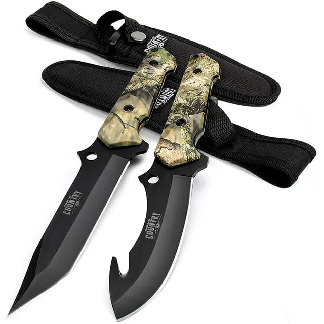 Mossy Oak Fixed Blade Hunting Knife Set - 2 Piece, Full Tang Handle Straight Edge and Gut Hook Blades Game Processing Knife, Sheath Included