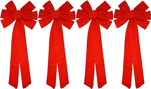 Black Duck Brand Set of 4 Christmas Red Velvet Bows 26" x11.5" 10-Loop Holiday/Christmas Bows!