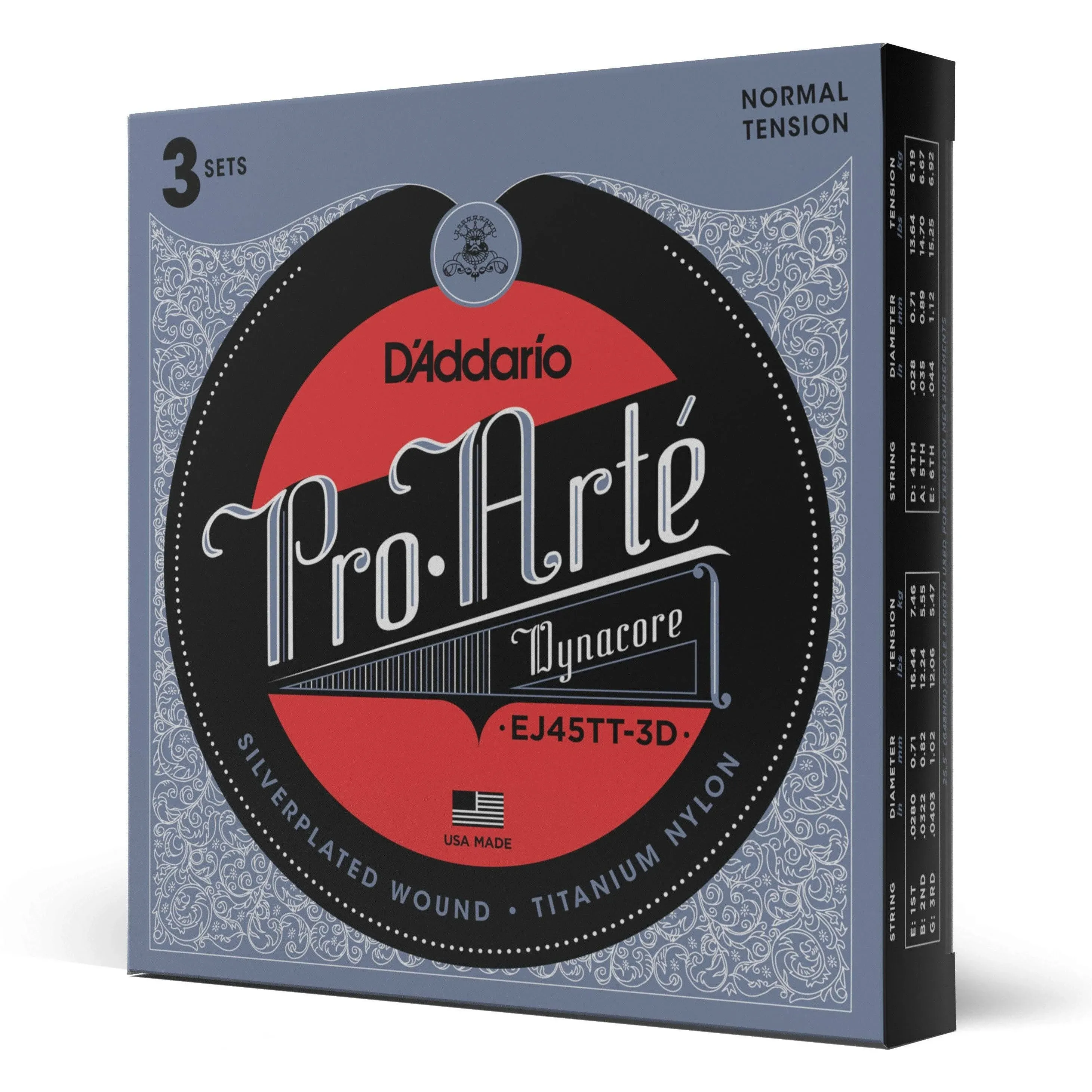 D'Addario EJ45TT 3 Pack Pro Arte DynaCore Classical Guitar Strings, Titanium Trebles, Normal Tension