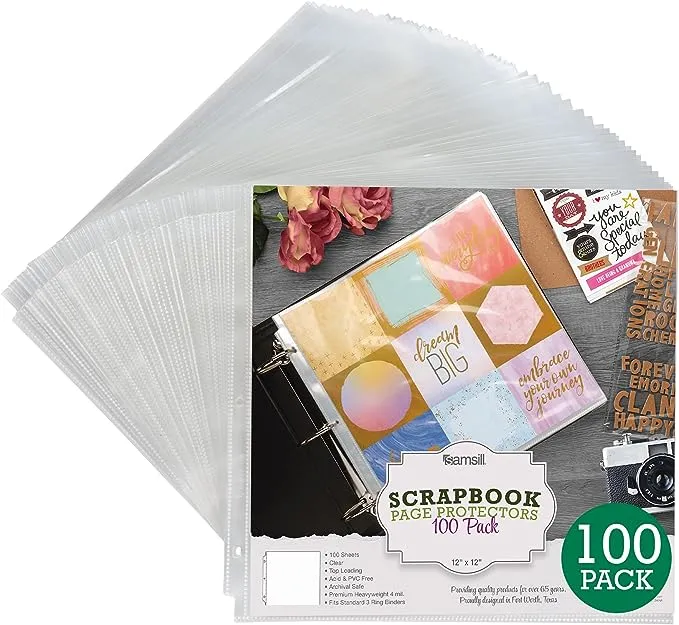 Samsill Scrapbook Refill Pages 12x12 Inch, 100 Pack, Fits 3 Ring Scrapbook Binders and 12x12 Photo Albums, Top-Loading, Heavy-Duty, Holds 2 Pages, Super Clear