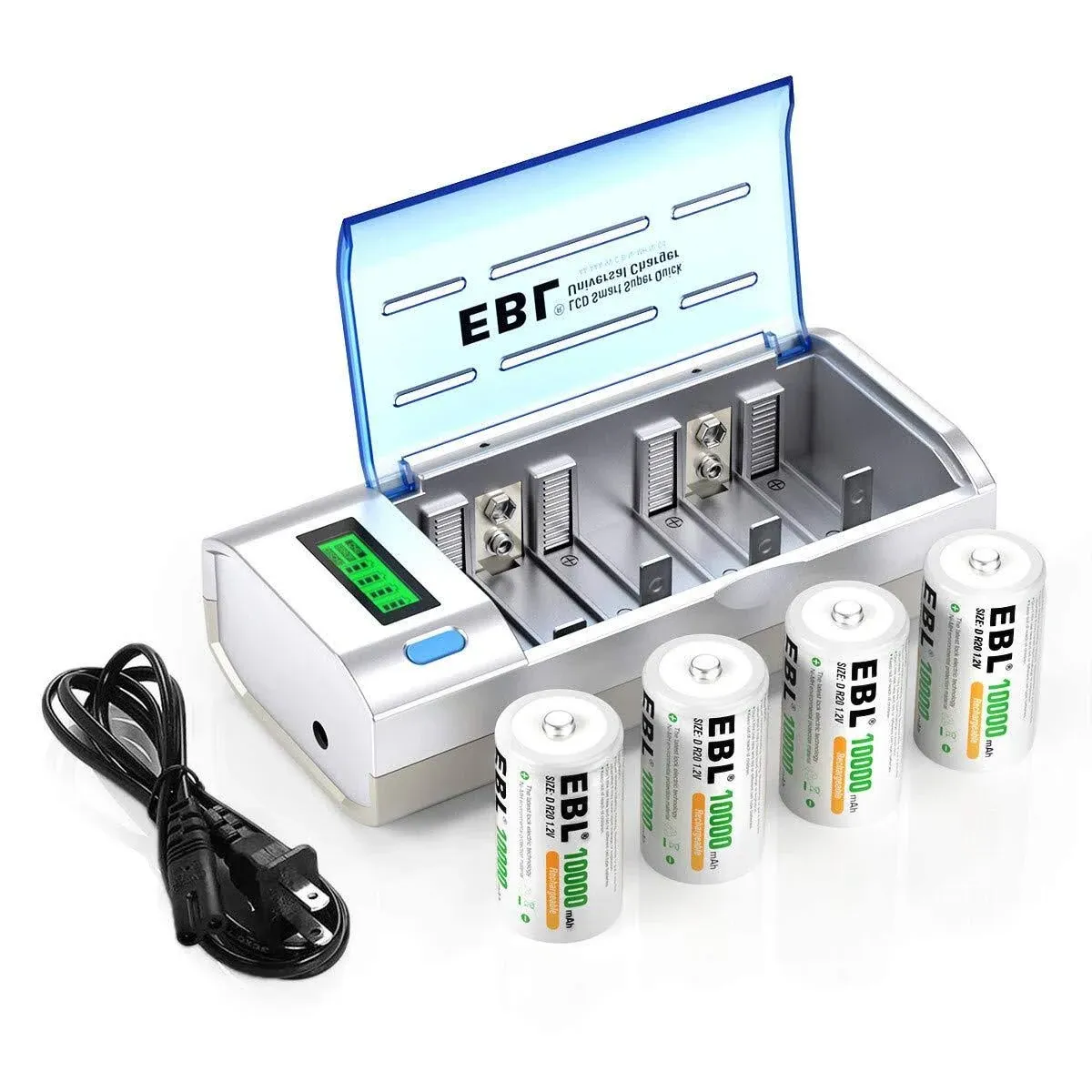 4x 10000mAh D Cells NiMH Rechargeable Batteries + C D 9V AA AAA Battery Charger