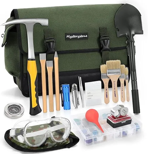 MYSTERYSTONE 23 Pieces Rock Hammer Kit for Rock Hounding, Complete Great Bundle including Steel Rock Pick Hammer,3-Pieces Heavy Duty Chisel Set,Updated Mussette Bag and Many More