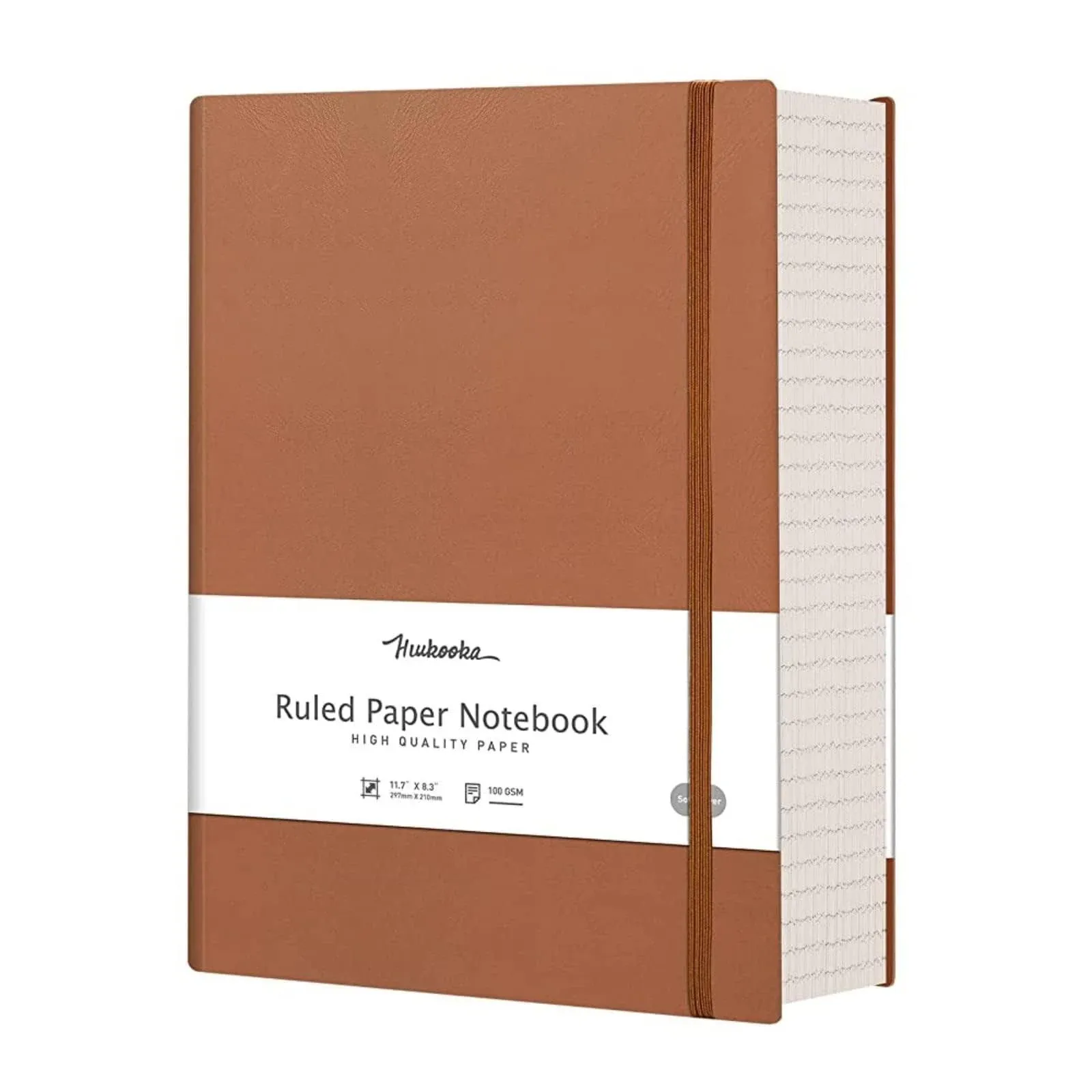 HIUKOOKA College Ruled Lined Notebook- 320 Pages A4 Softcover Large Journal,8.3''×11.7'', 100GSM Thick Paper, Faux Leather, Inner Pocket - Brown