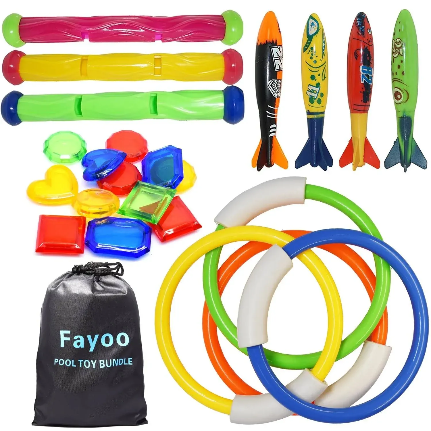 Fayoo 23 Pack Underwater Swimming/Diving Pool Toys Diving Rings(4 Pcs) Toypedo ...