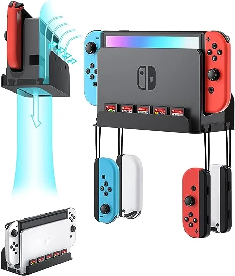 Wall Mount for Nintendo Switch and Switch OLED, Metal Wall Mount Kit Shelf Accessories with 5 Game Card Holders and 4 Joy Con Hanger, Safely Store Switch Console Near or Behind TV, Black