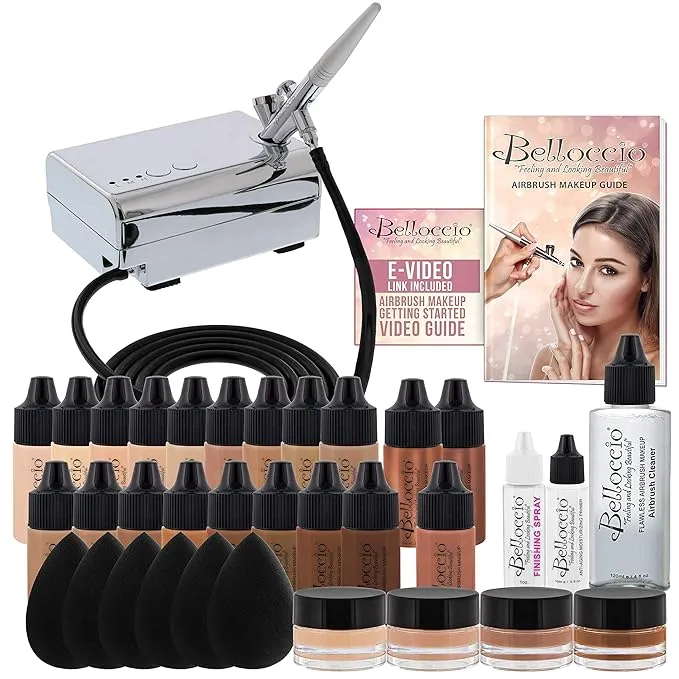 Complete Professional Belloccio Airbrush Cosmetic Makeup System with A Master Set of All 17 Foundation Color Shades in 1/4 oz Bottles