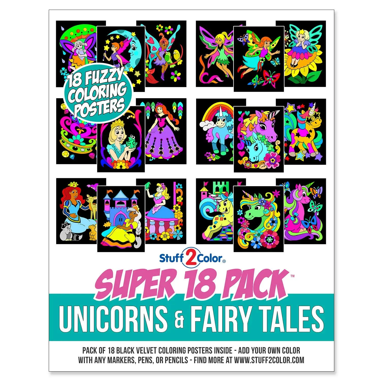 Stuff2Color Super Pack of 18 Fuzzy Coloring Posters (Unicorns & Fairy Tales ...