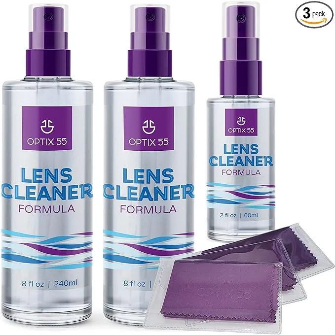 Lens Cleaner Spray Kit - Alcohol & Ammonia Free | (2) 240ml + (1) 60ml Eye Glasses Cleaner Spray Bottles + (3) Microfiber Cleaning Cloths | Safe F