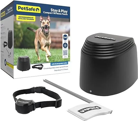 PetSafe Stay & Play Compact Wireless Pet Fence for Dogs, No Wire Circular Boundary, Secure up to 3/4 Acre, No-Dig and Portable for Travel, for Dogs 5lb & up, from Parent Company Invisible Fence Brand
