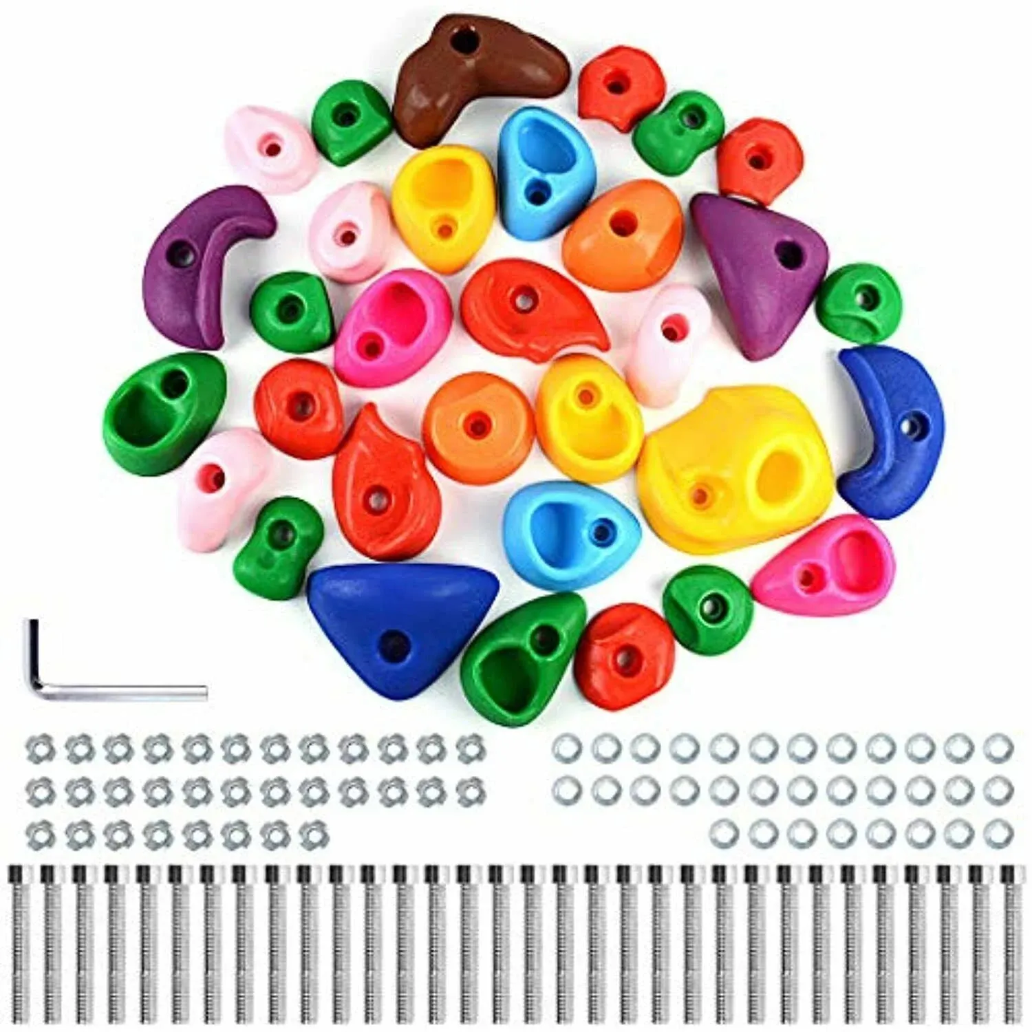 TOPNEW 32 Rock Climbing Holds Multi Size for Kids, Adult Rock Wall Holds Climbing Rock Wall Grips for Indoor and Outdoor Playground Play Set - Includes 2 Inch Mounting Hardware