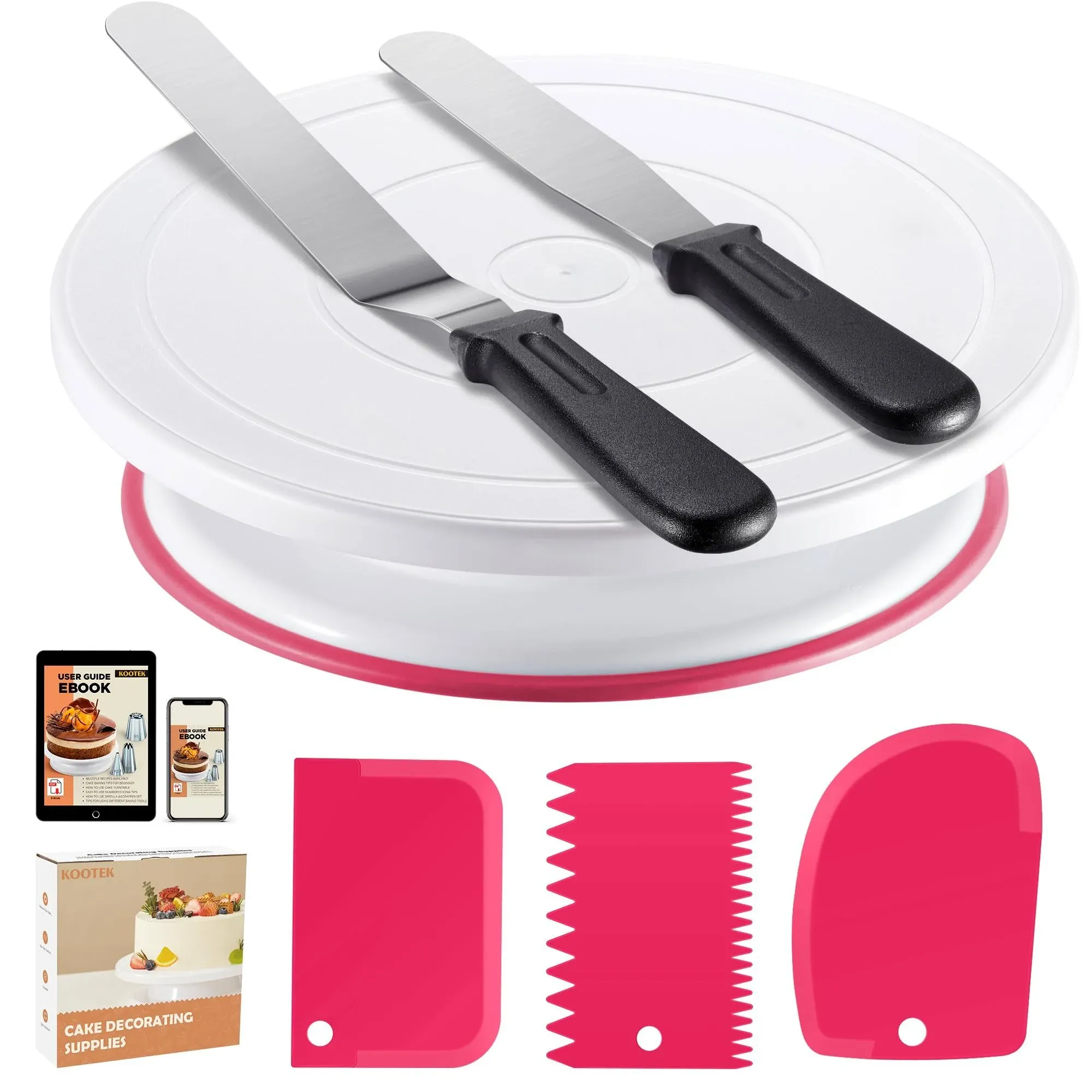 Kootek Cake Decorating Kit Baking Supplies Cake Turntable with 2 Frosting Straight Angled Spatula 3 Icing Smoother Scrapers Baking Accessories Tools