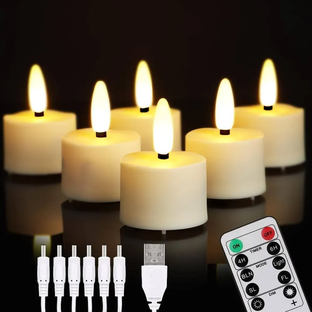 LED Rechargeable Tea Lights Candles with Remote, 6 Warm White+Charging cable 