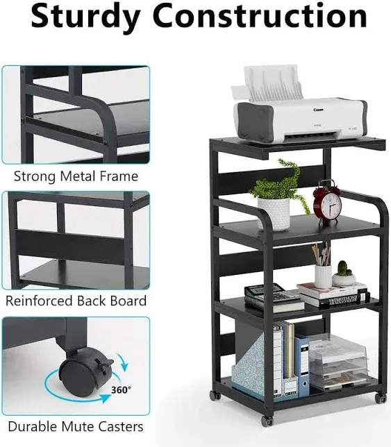 Black Mobile 3-Shelf Printer Stand with Adjustable Shelves | DEVAISE