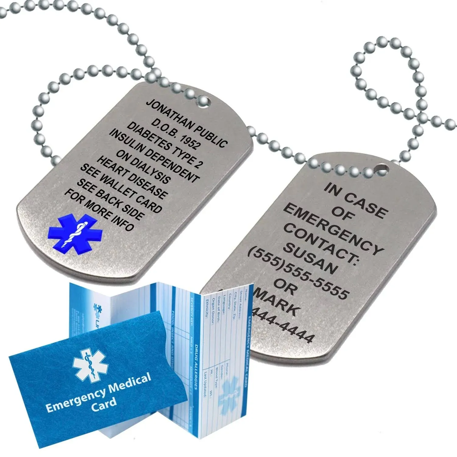 Medical Alert ID Brushed Stainless Steel Dog Tag with 27" Chain (Incl. 18 Lines of Custom Engraving)