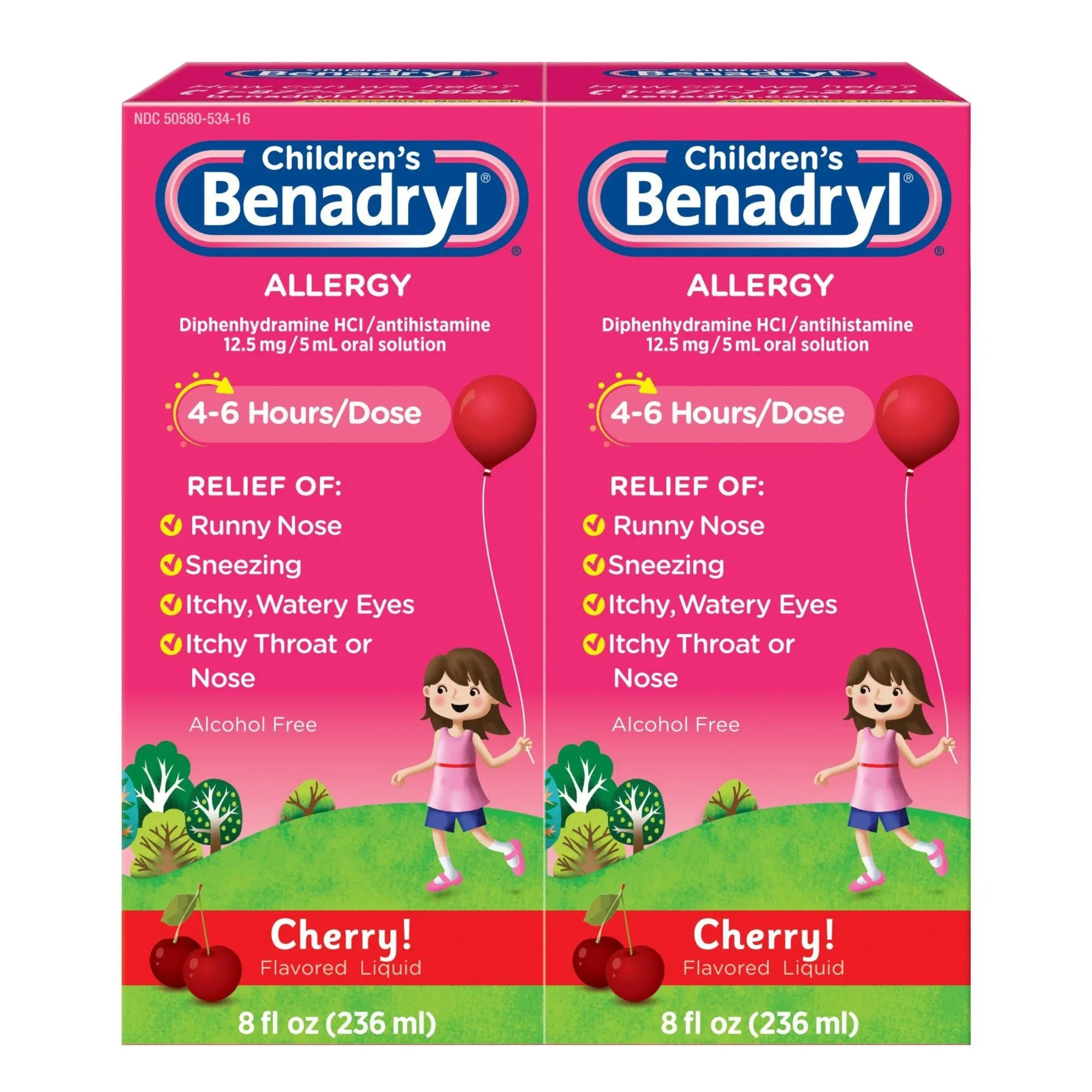 Children's Benadryl Allergy Liquid, Cherry, 8 Fluid Ounces (2 Count)