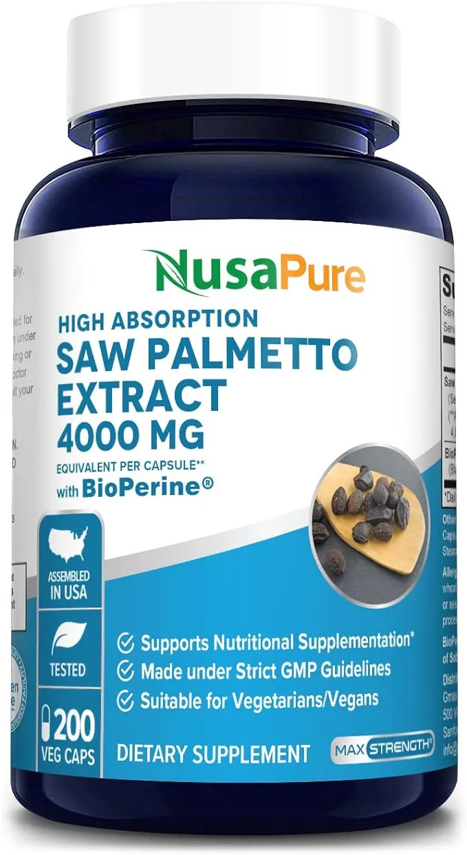 NusaPure Saw Palmetto Extract 4,000mg 200 Capsules (Non-GMO & Gluten Free,Vegetarian) with Bioperine.