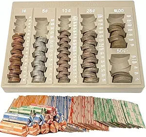 Coin Counter and Sorters Money Tray – Bundled with 64 Coin Roll Wrappers – 6 Storage Compartment Change Organizer and Holder - Ideal Coin Dispenser for Bank Tellers Business or Home Use