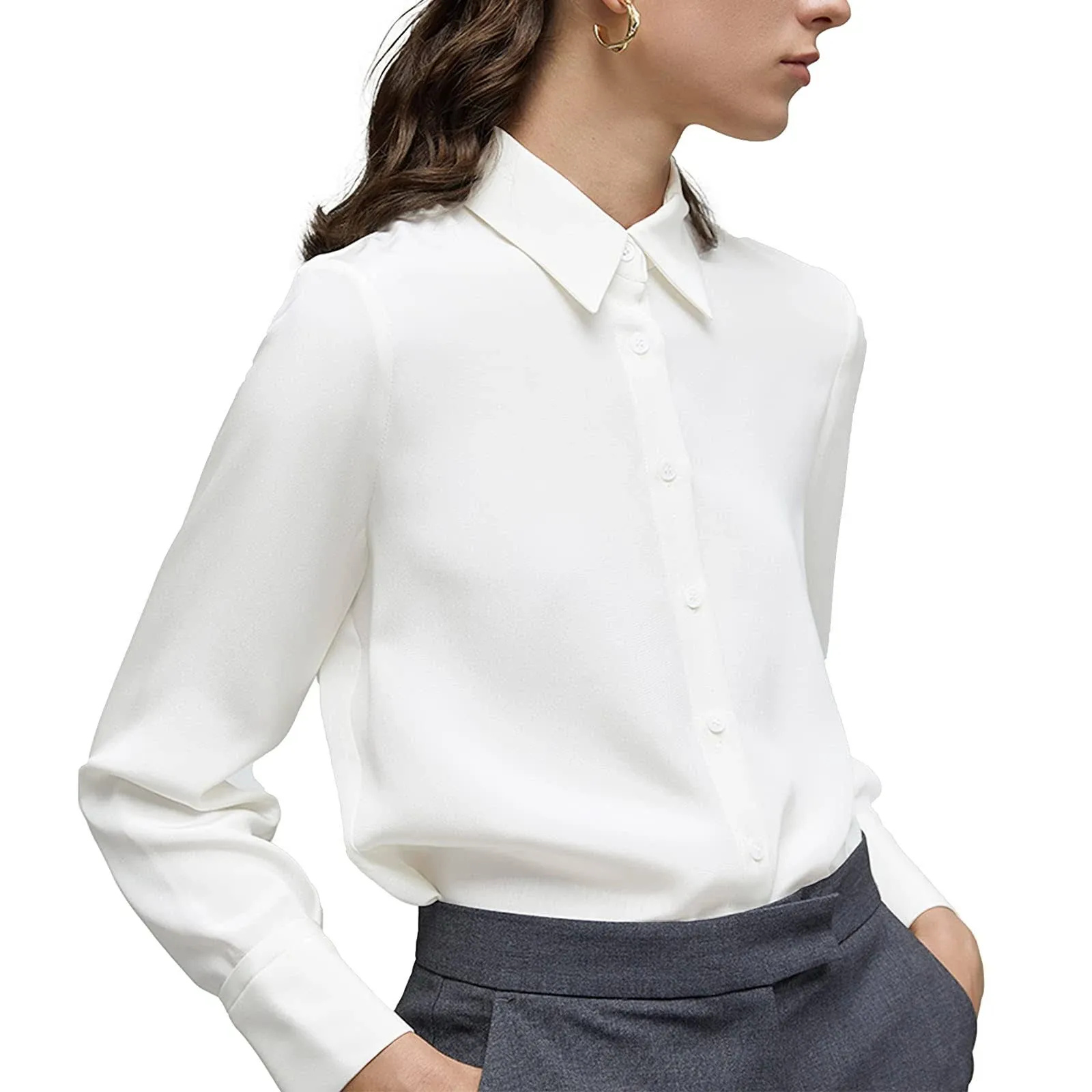 Women&#039;s Button Down Shirt Classic Long Sleeve Collared Tops Work Office Chiffon 