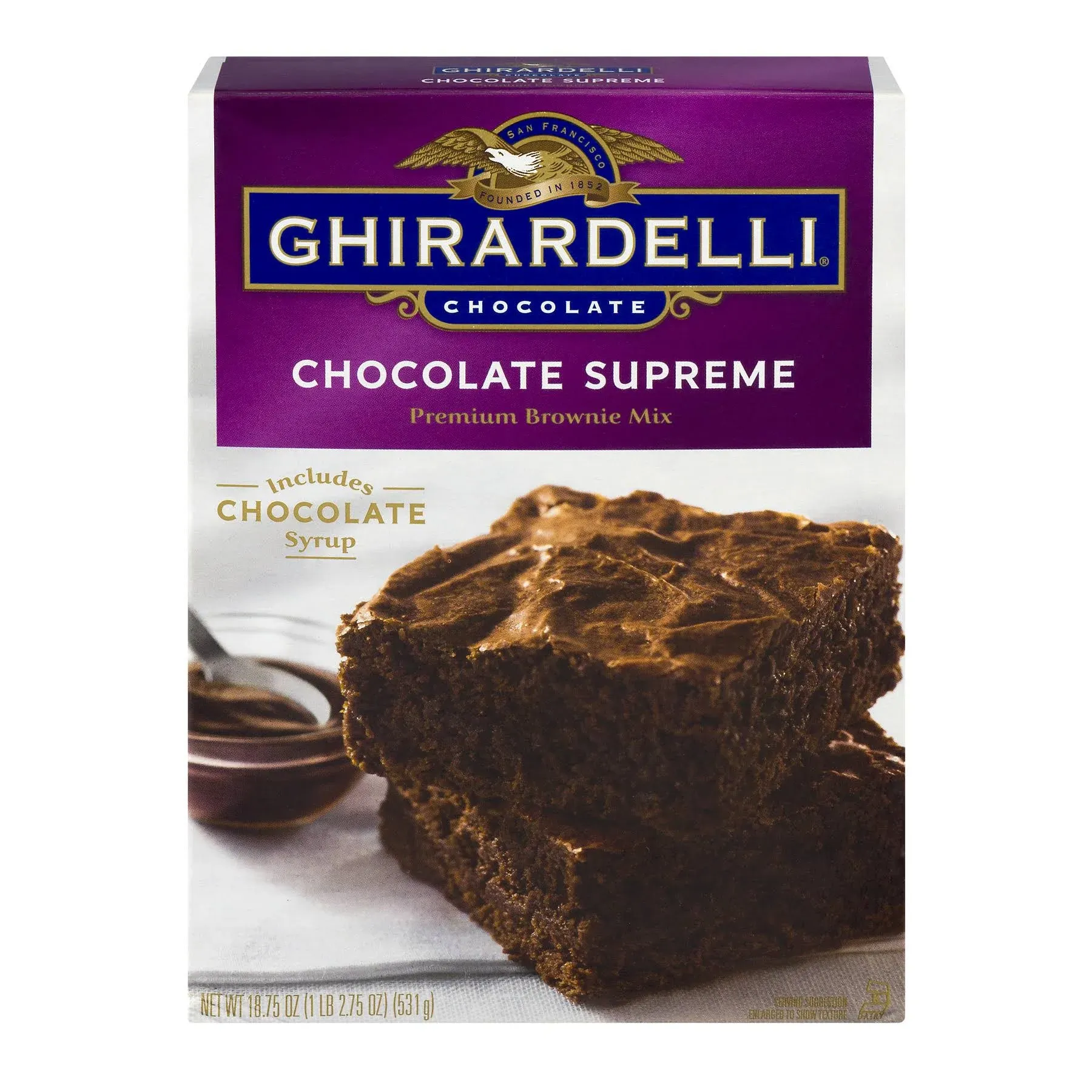 Ghirardelli Chocolate Supreme Brownie Mix, Includes Chocolate Syrup, 18.75 oz Boxes (Pack of 12)