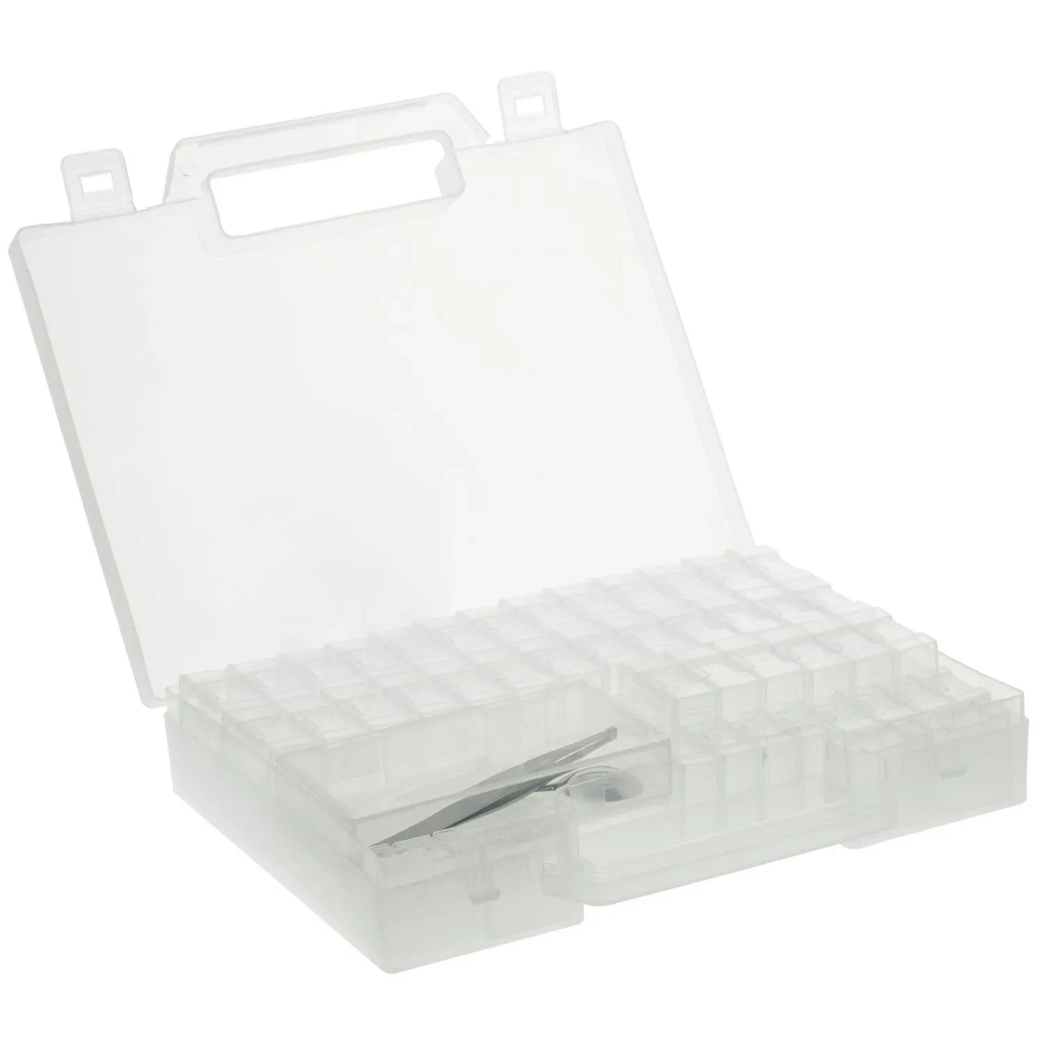 The Beadsmith Bead Organizer Carrying Case, 55 piece set, with removable compartments in assorted sizes, a carrying case, plus a bead scoop and tweezer.