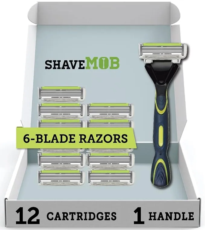 ShaveMOB 6-Blade Men's Razor Kit (Flex Head Handle + 12 Refills) - The Caveman Shaving Kit