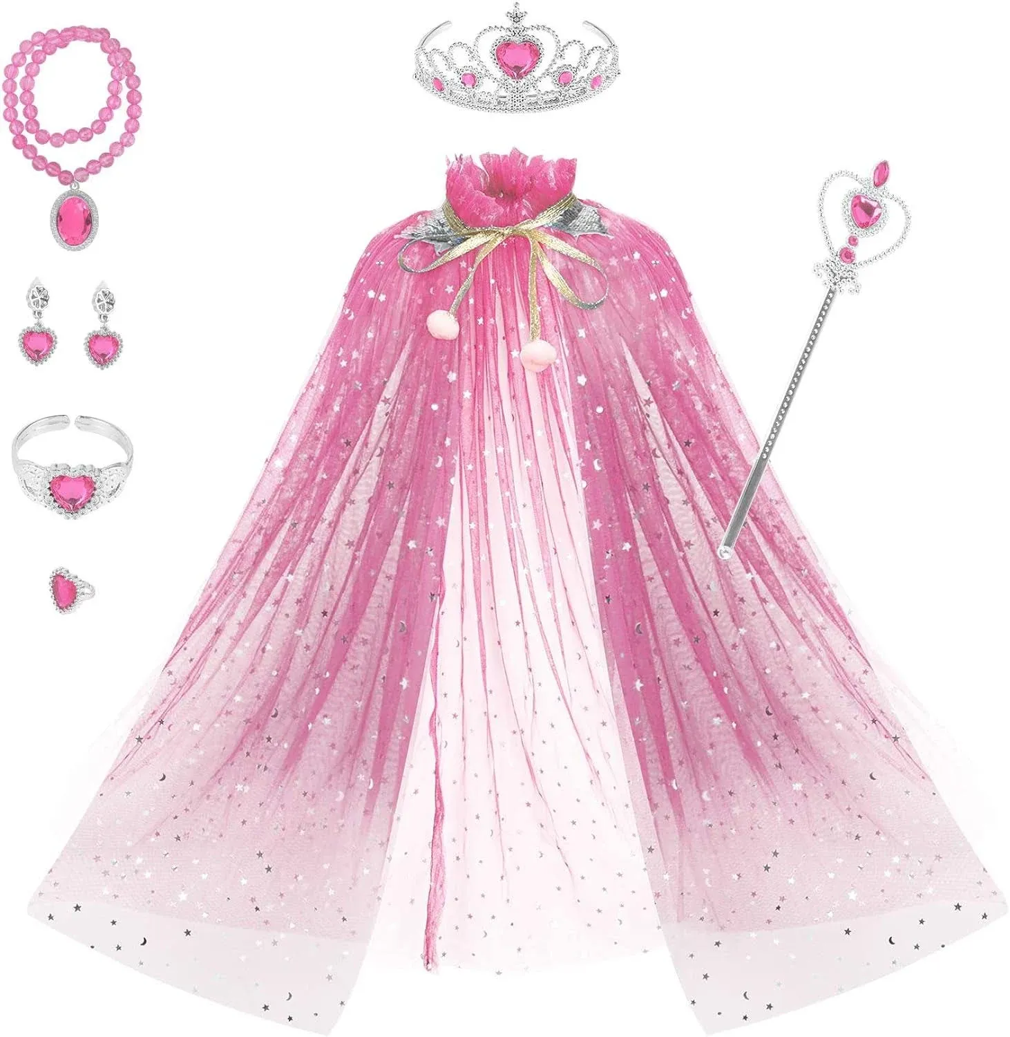 Fedio Princess Cape Set 7 Pieces Girls Princess Cloak with Tiara Crown, Wand for Little Girls Dress Up (Rainbow)