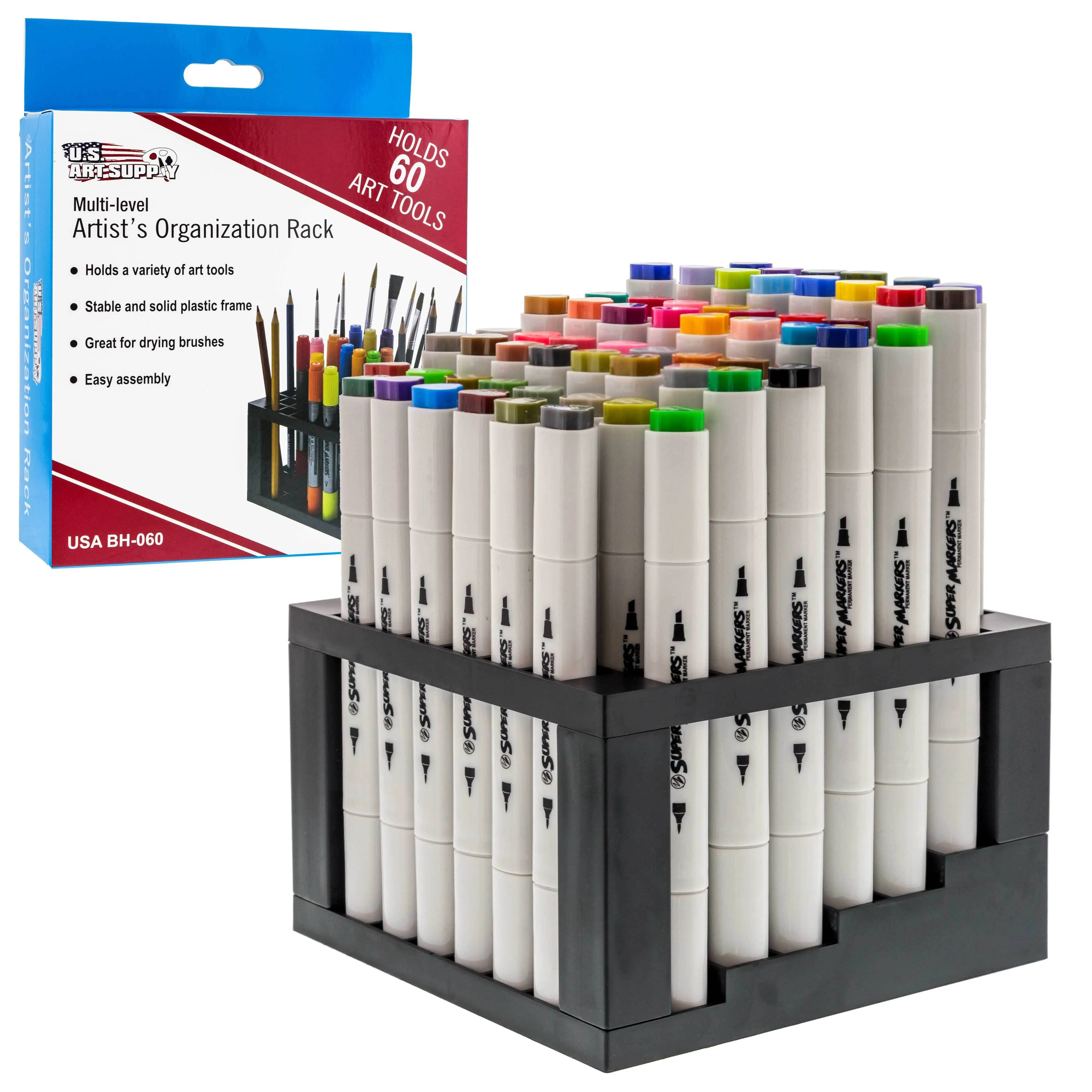 U.S. Art Supply 60 Hole Multi-Level Plastic Organization Rack Pencil, Brush ...