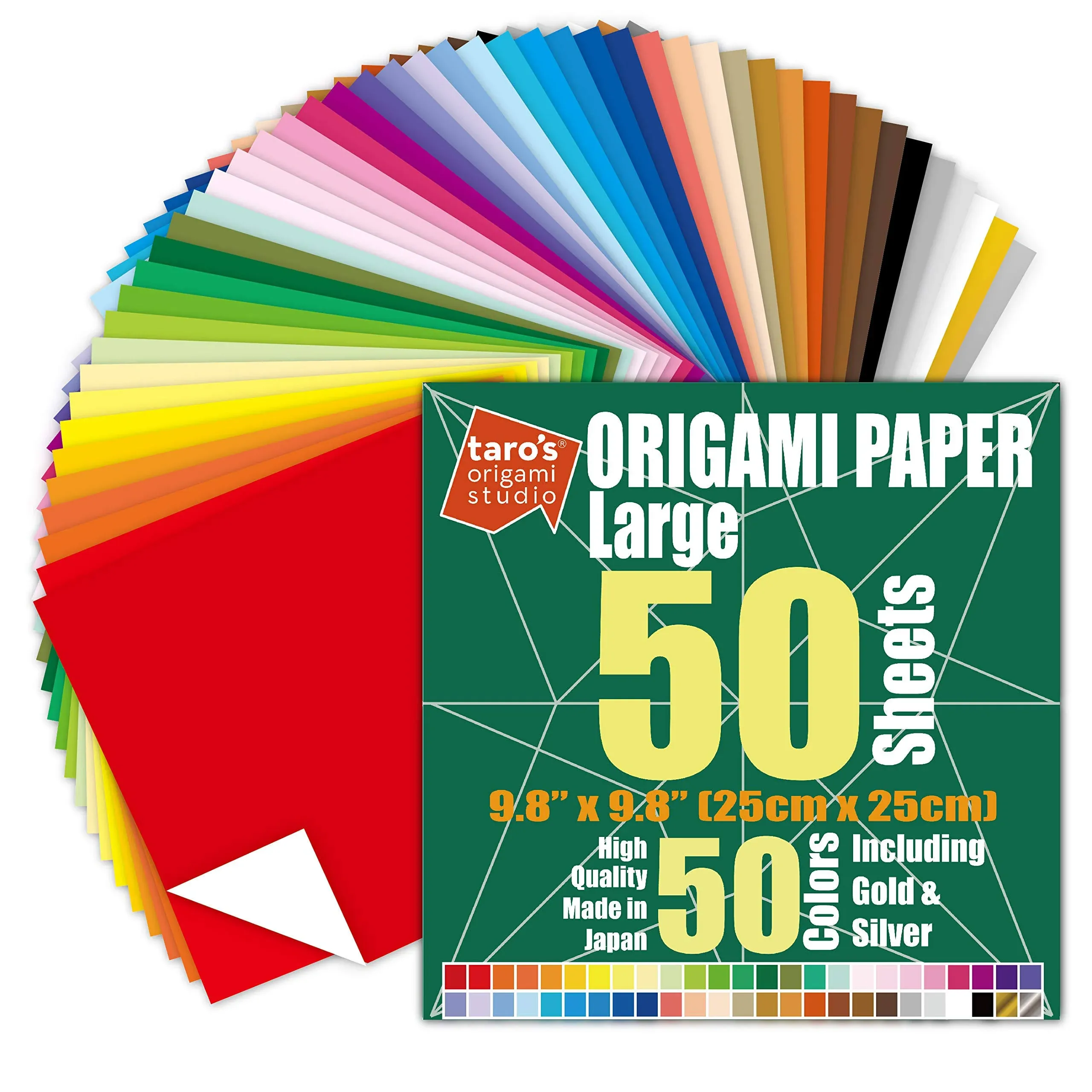 [Taro's Origami Studio] Large 10 Inch One Sided 50 Colors 50 Sheets Square Easy Fold Premium Japanese Paper for Beginner (Gold and Silver Included) Made in Japan