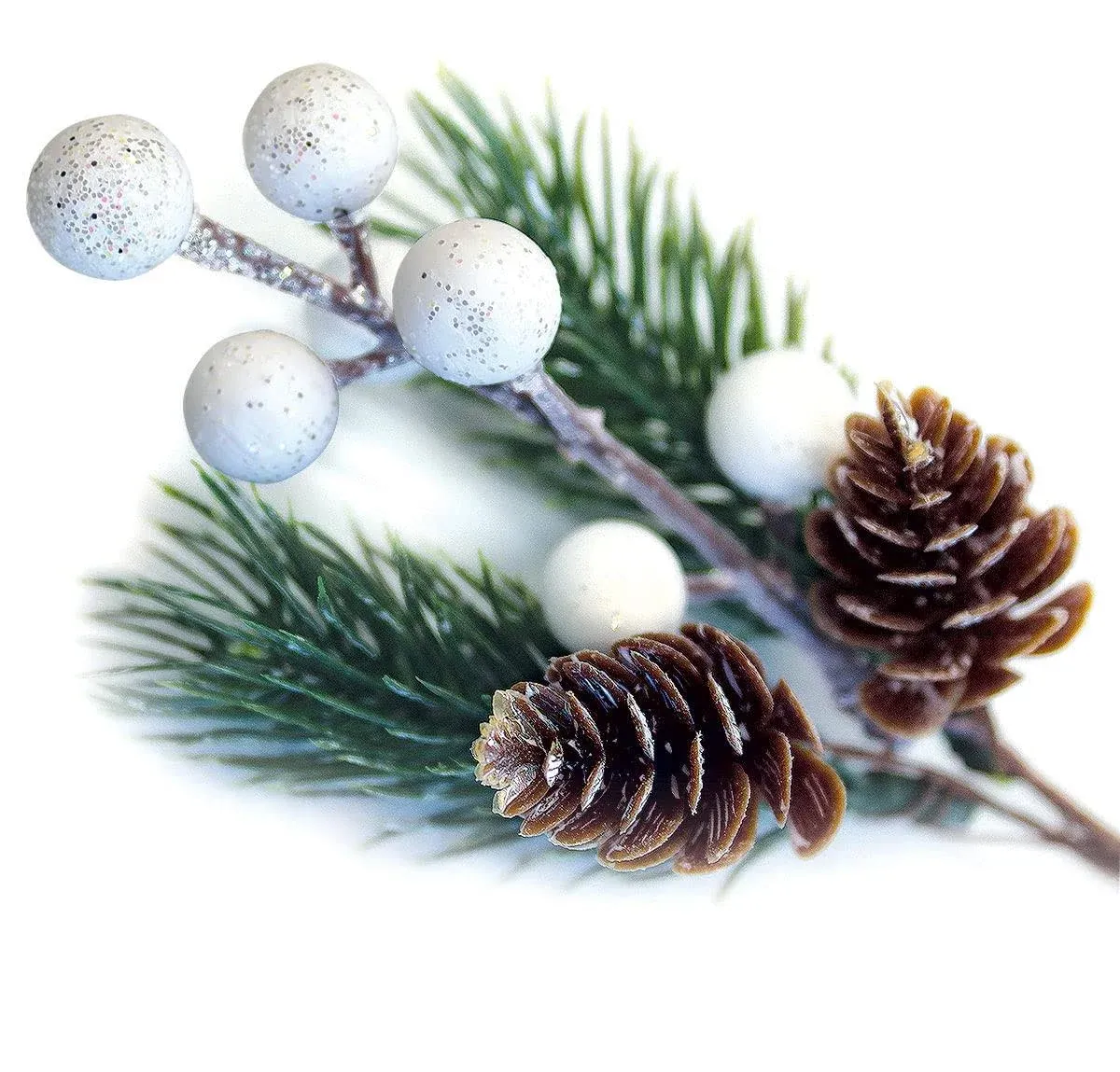 White Christmas Berries/Berry Stems w. Pine Branches &amp; Artificial Pine Cones/...